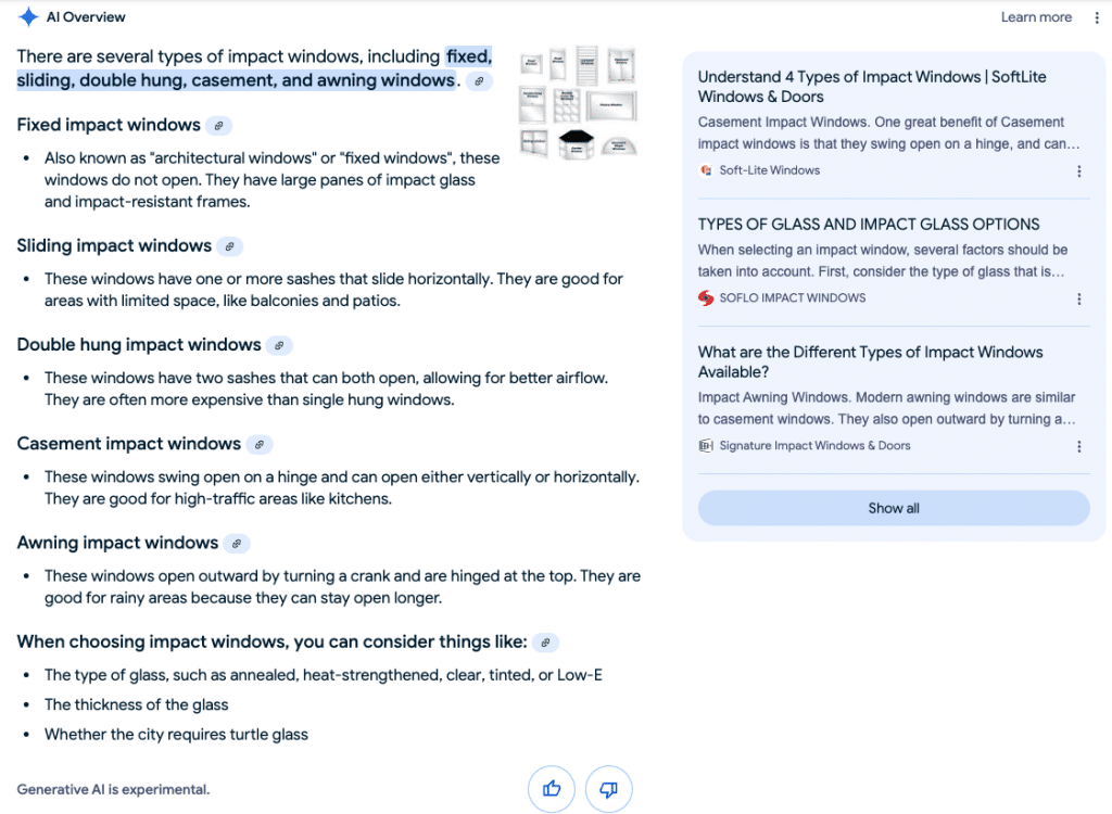 Screenshot of an AI overview about types of impact windows